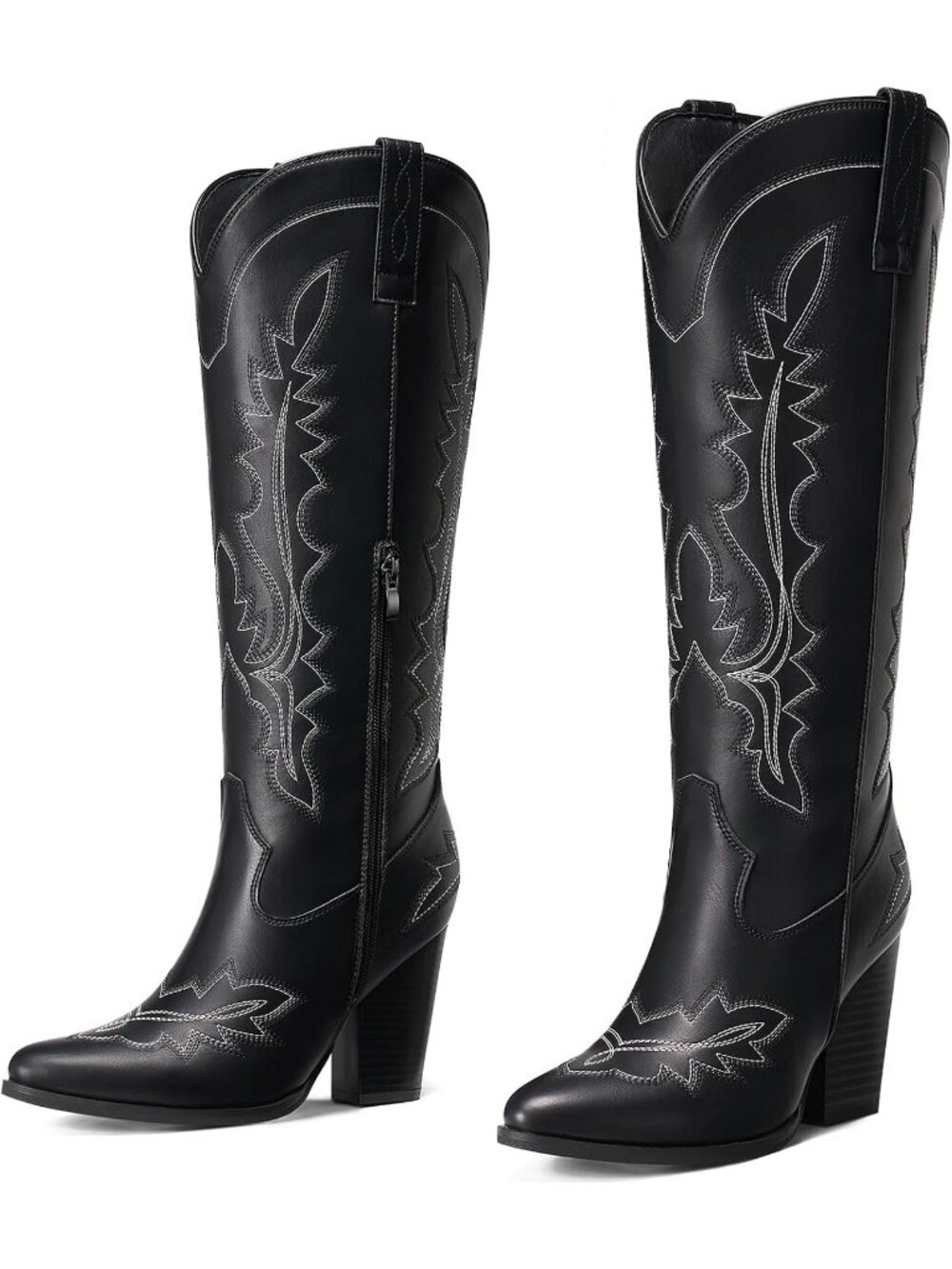 Women’s Black Western Embroidery Side Zipper Cowgirl Knee High Cowboy Boots